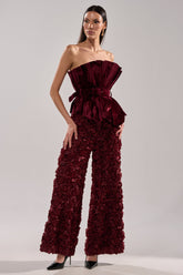 ROSE PETALS WIDE LEG TROUSER IN BURGUNDY