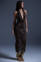 LENNON PRINTED MESH RHINESTONE MIDI DRESS