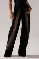SOMETHING DIFFERENT RELAXED DENIM WITH RHINESTONE MESH