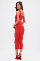 LET ME REMIND YOU LACE UP MESH MIDI DRESS IN RED