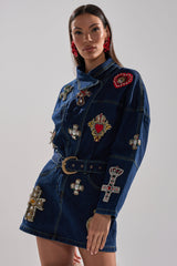 PRETTIEST PROBLEM DENIM PATCHWORK MINI DRESS