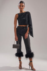 TRIPPY LIKE ME DENIM PANT WITH FEATHER