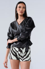 EASY ENOUGH FAUX LEATHER TIE FRONT BLOUSE