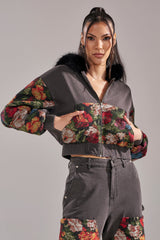 TRY ME FLORAL DENIM ZIP UP SWEATSHIRT
