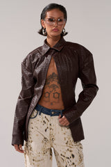 FEELING RICH FAUX LEATHER BUTTON DOWN