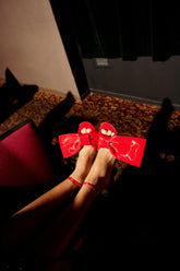 AZALEA WANG LANYIN RED LIQUID LUXE BOW SANDAL