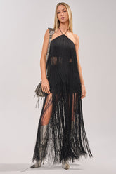 ON THE EDGE FRINGE HALTER TOP IN BLACK
