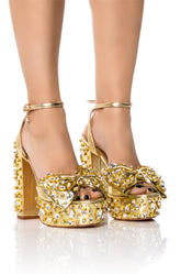 AZALEA WANG MAYA EMBELLISHED BOW CHUNKY SANDAL IN GOLD