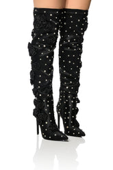 AZALEA WANG PATTI SATIN ROSE EMBELLISHED BOOT IN BLACK