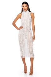 BACKSTAGE SHREDDED MIDI DRESS IN WHITE