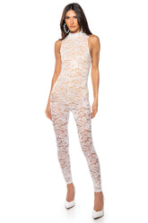 EXPRESS YOURSELF MOCK NECK LACE SLEEVELSS JUMPSUIT