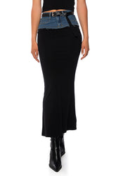 HOLLYWOOD DREAMS DENIM AND COTTON MAXI SKIRT