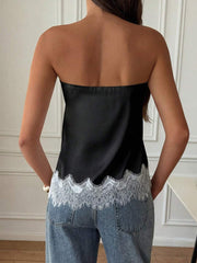 French Satin Lace Patchwork Hem Elegant Sexy Bandeau Top, Beach Vacation, Travel Outfit Summer - Pink