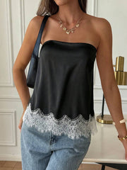 French Satin Lace Patchwork Hem Elegant Sexy Bandeau Top, Beach Vacation, Travel Outfit Summer - White