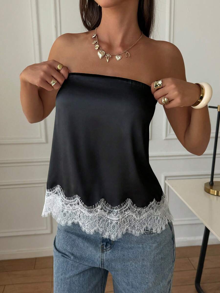 French Satin Lace Patchwork Hem Elegant Sexy Bandeau Top, Beach Vacation, Travel Outfit Summer - Pink