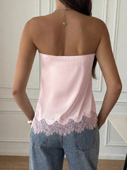 French Satin Lace Patchwork Hem Elegant Sexy Bandeau Top, Beach Vacation, Travel Outfit Summer - Light Yellow