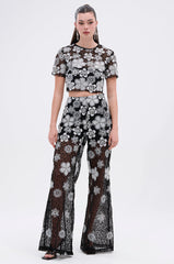 FLORAL SEQUIN MESH SHORT SLEEVE BLOUSE