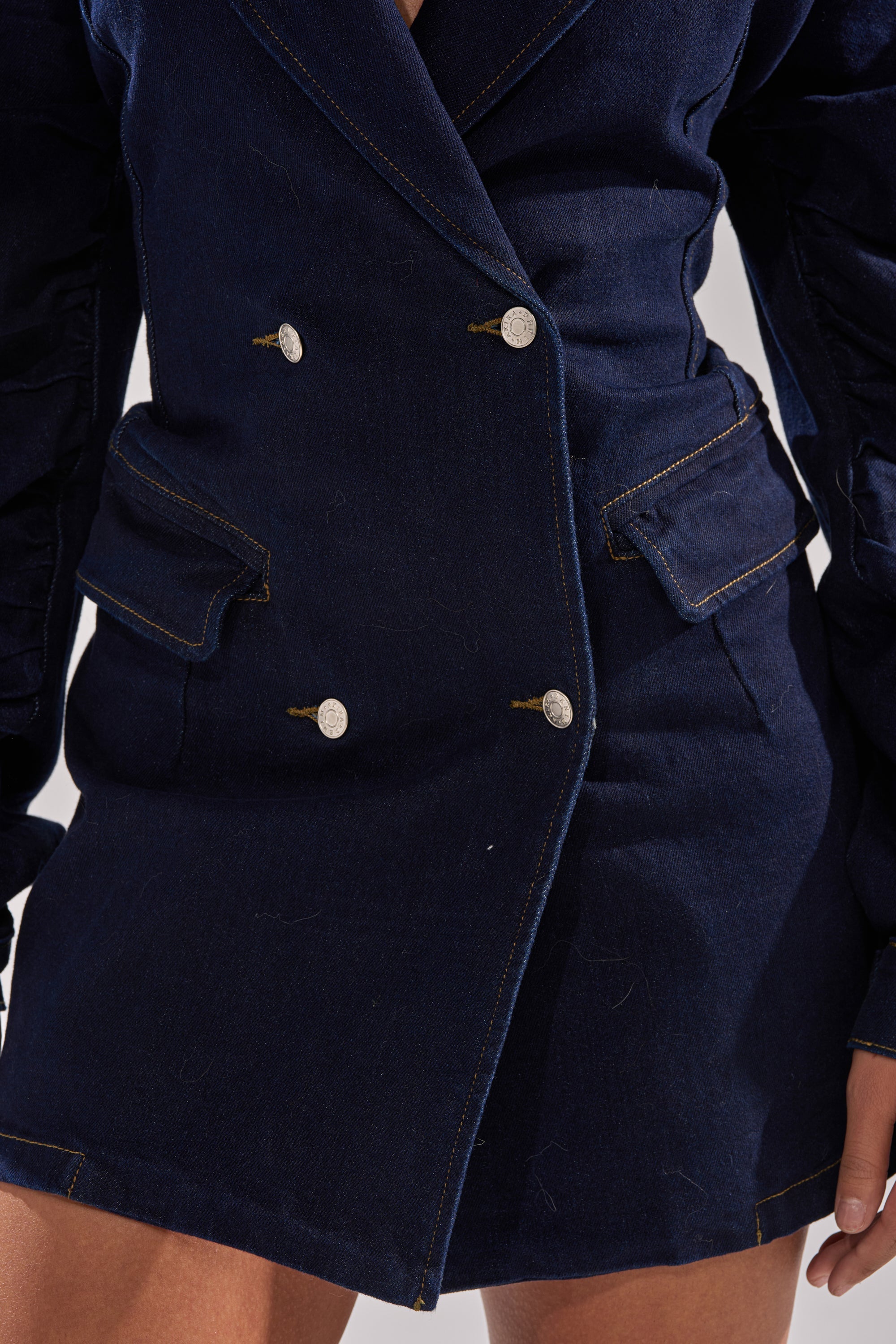 BUSINESS MEETING CHIC BLAZER DRESS AND LEG WARMER SET IN DENIM