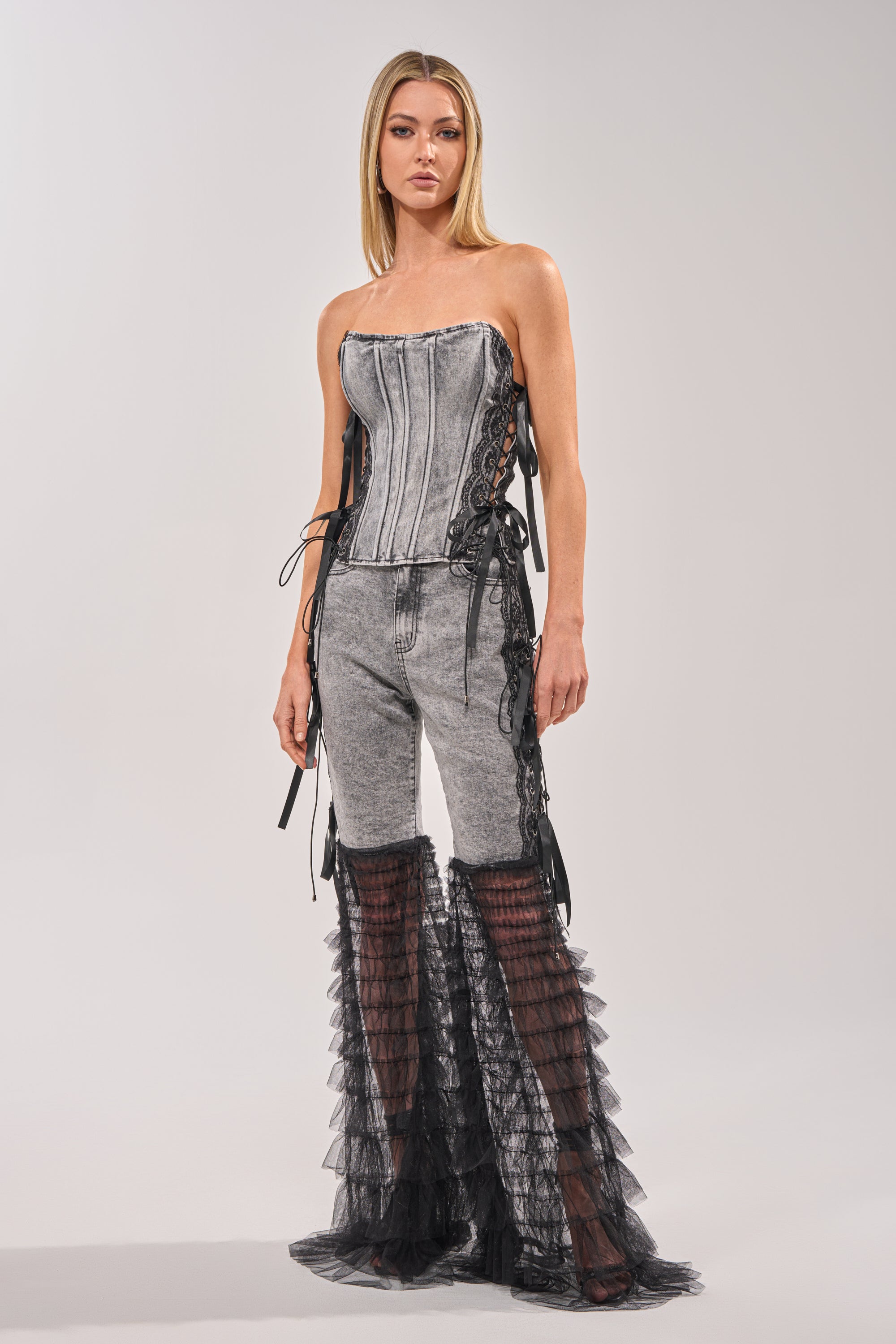 TICKED AND TIED LACE DETAIL DENIM CORSET