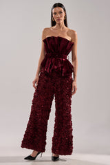 ROSE PETALS WIDE LEG TROUSER IN BURGUNDY