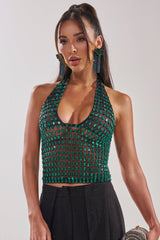 SPARKLING LIGHTS RHINESTONE HALTER TOP IN GREEN