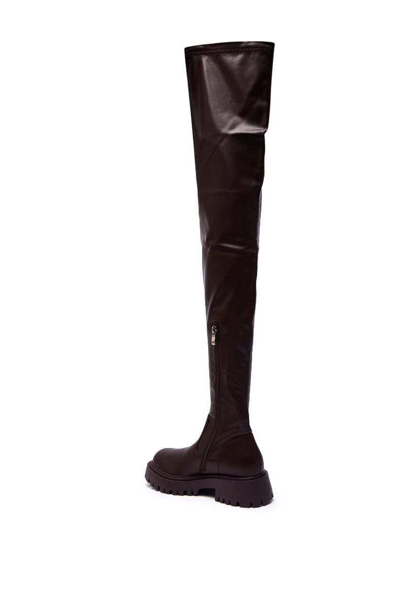 AZALEA WANG AJUNA CHOCOLATE FOUR WAY STRETCH PU FLAT BOOT