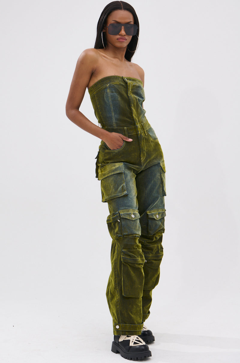 MIRA DISTRESSED VELVET DENIM JUMPSUIT