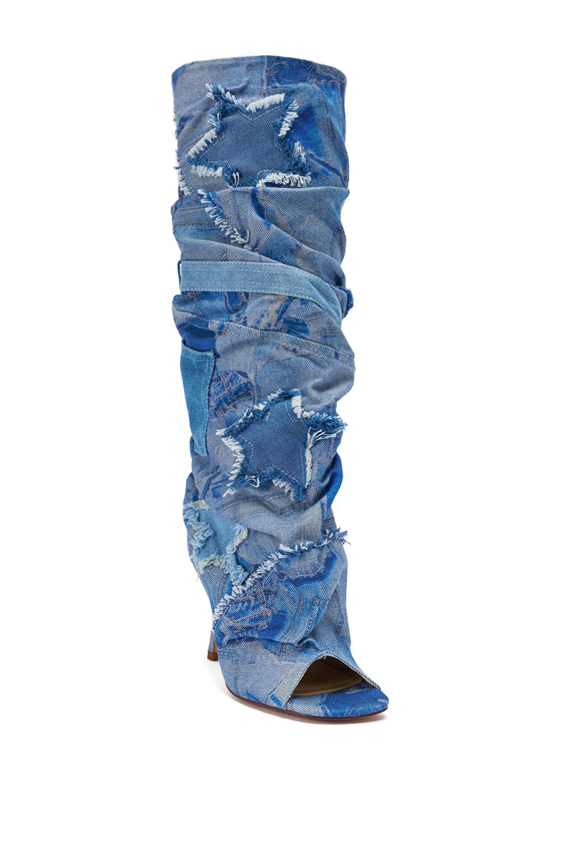 AZALEA WANG CHAITRA DENIM OPEN TOE BOOT