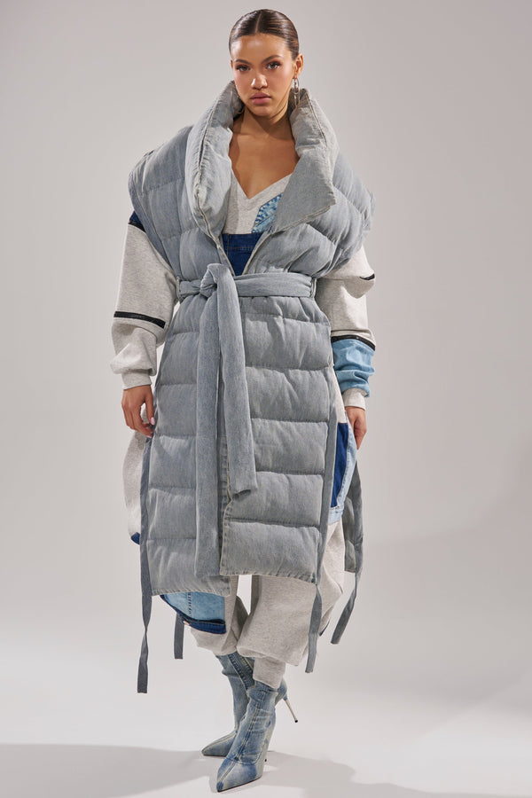 PILOT JONES LONG LINE PUFFER VEST IN DENIM