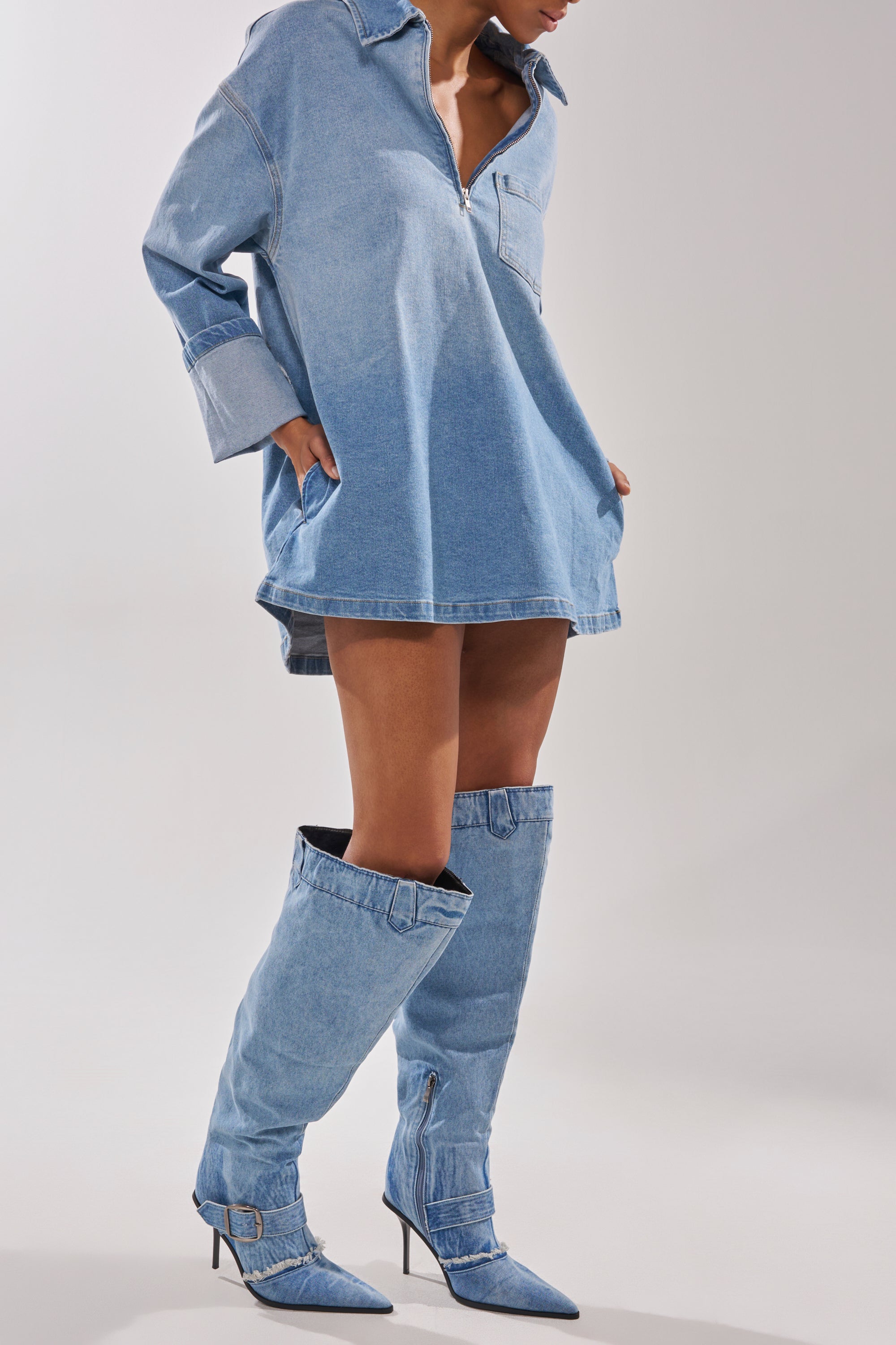 AKIRA GOLD DURANGO DENIM STILETTO PANT LOOK BOOT