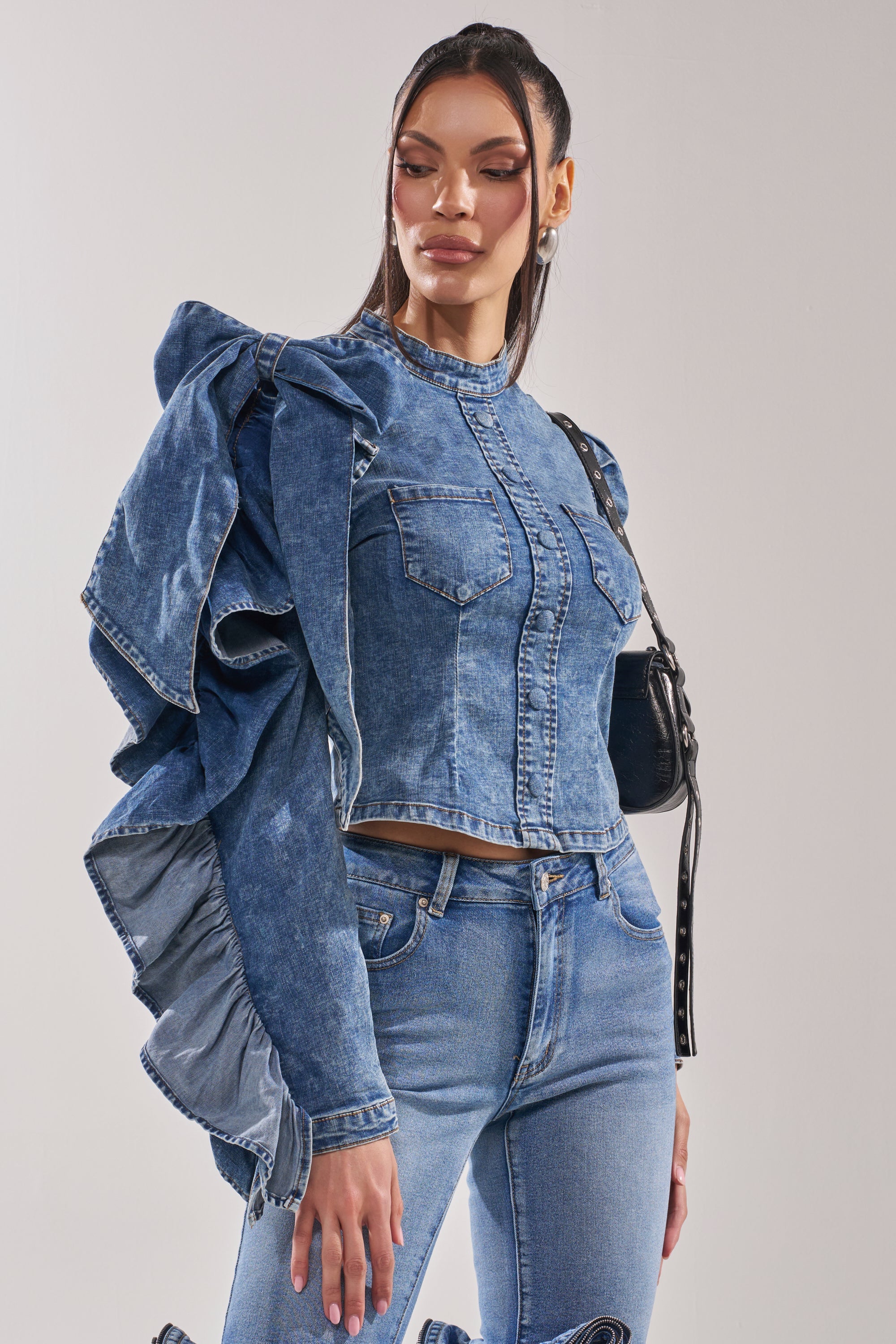 SEIZE THE DAY LONG SLEEVE FLOUNCE MEDIUM BLUE DENIM TOP