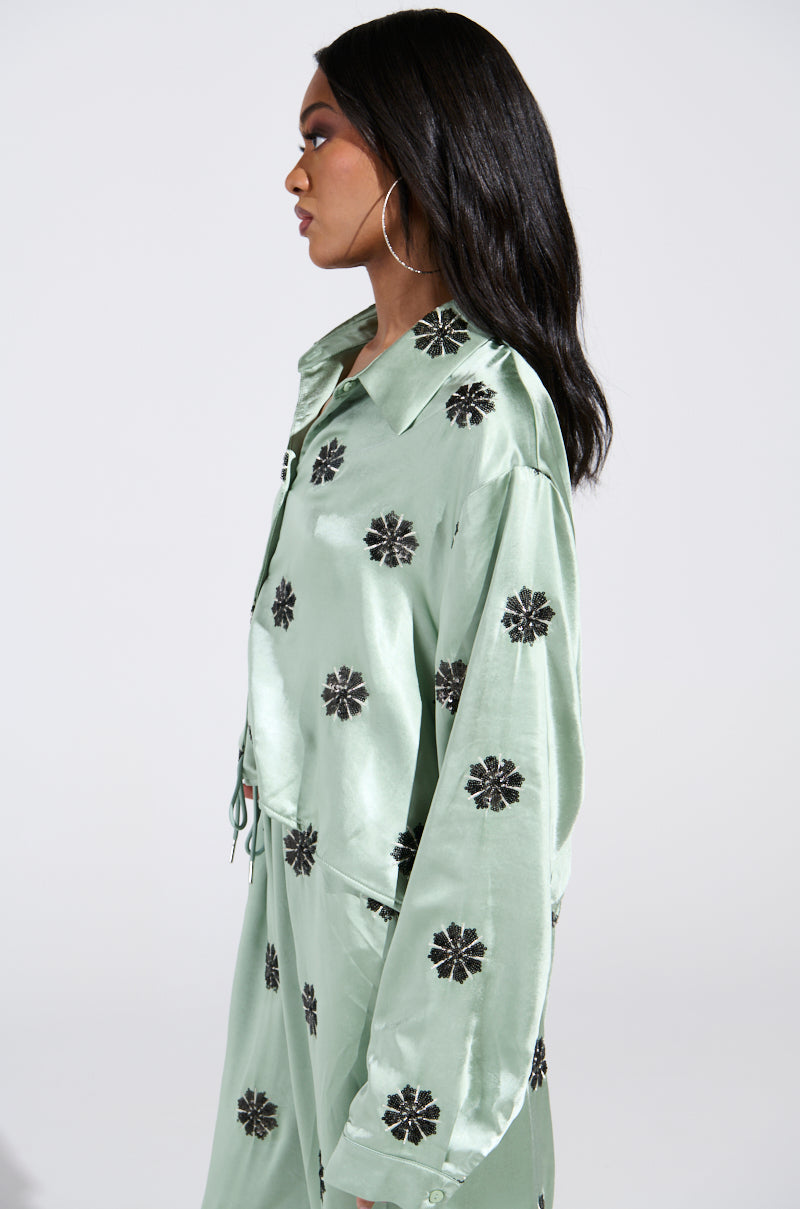 DREAMS COMING TRUE SATIN BUTTON DOWN TOP