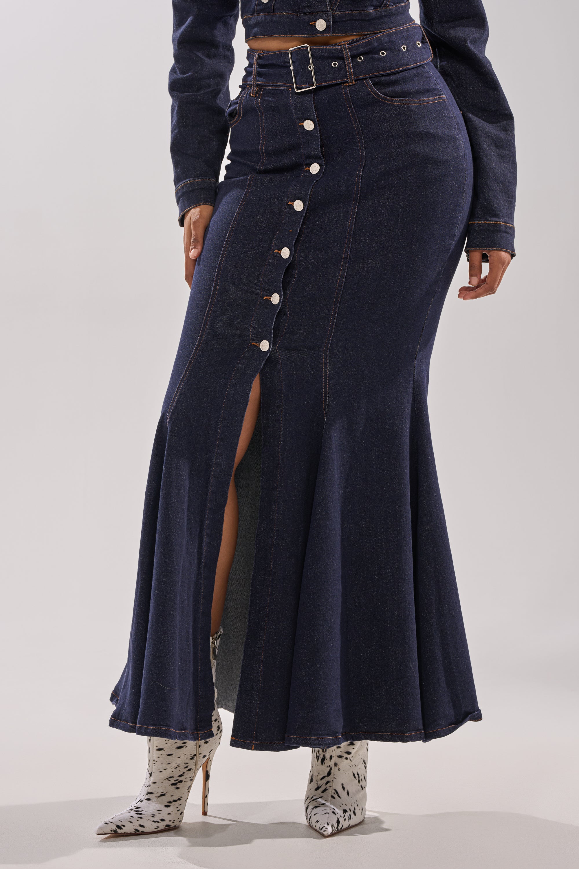 YOU GOT ME SPINNING DENIM MAXI SKIRT