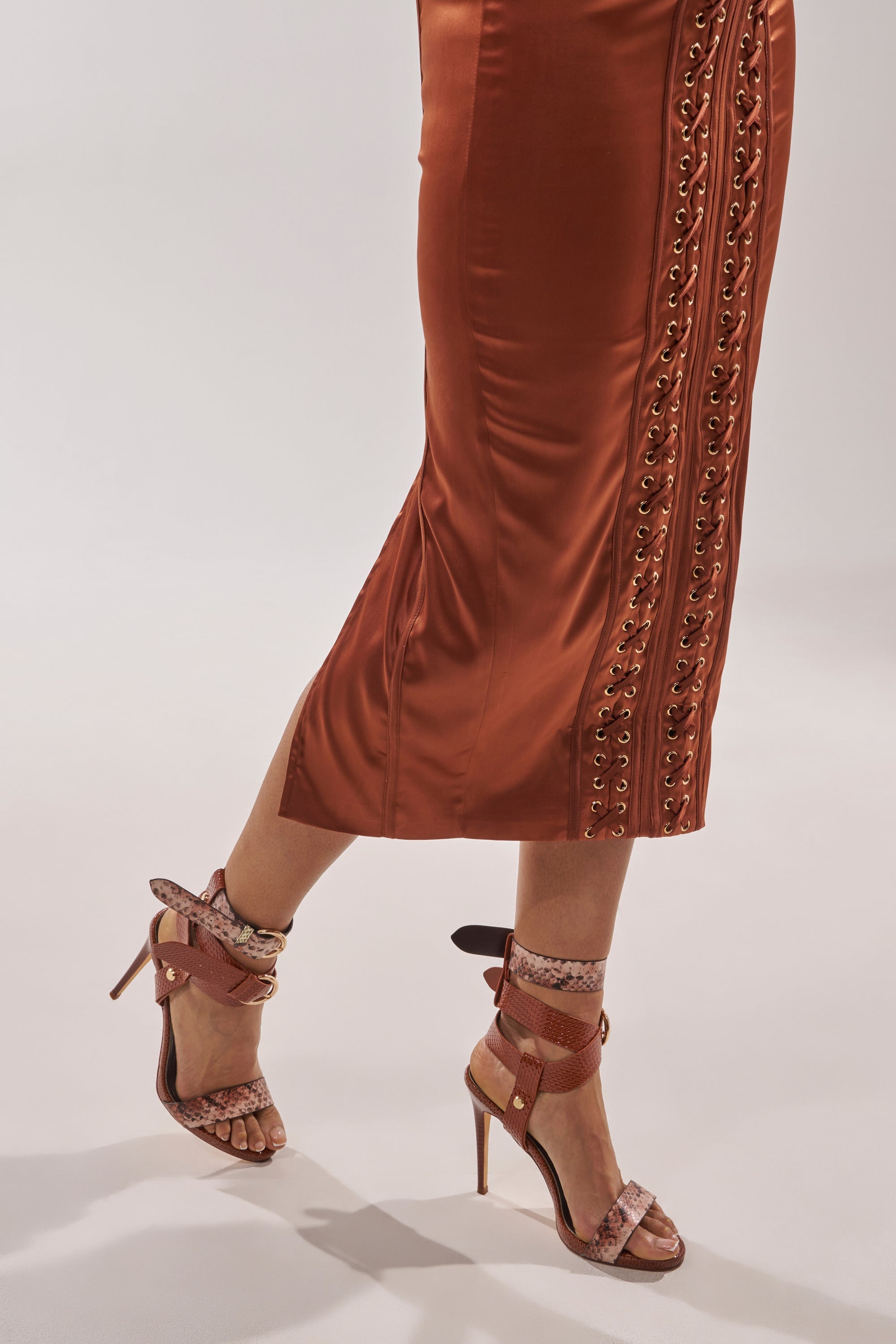 AKIRA GOLD KADINKSY COGNAC MULTI SNAKE MATERIAL STILETTO SANDAL