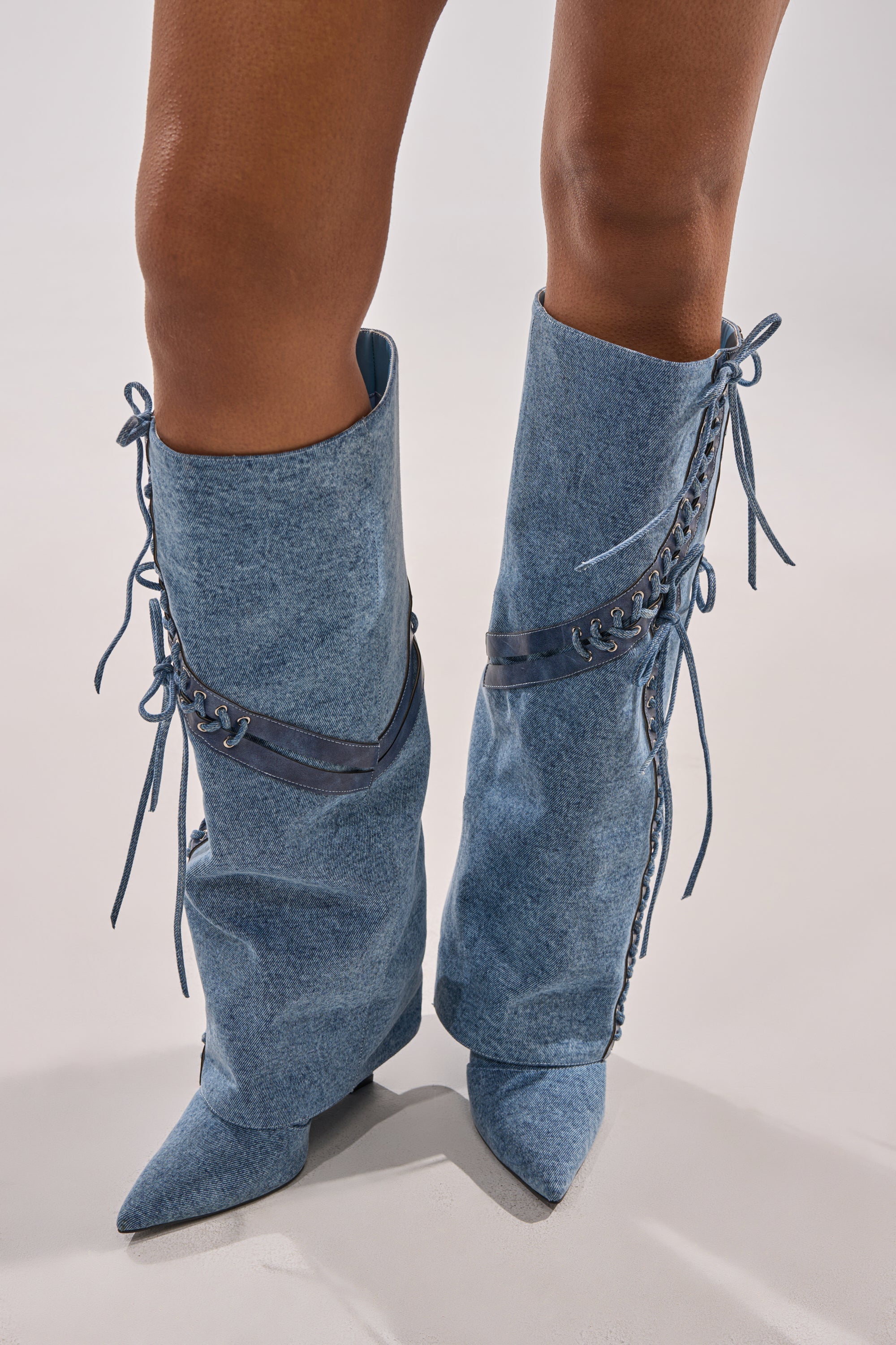 AKIRA GOLD MANTIGNA DENIM WEDGE BOOT