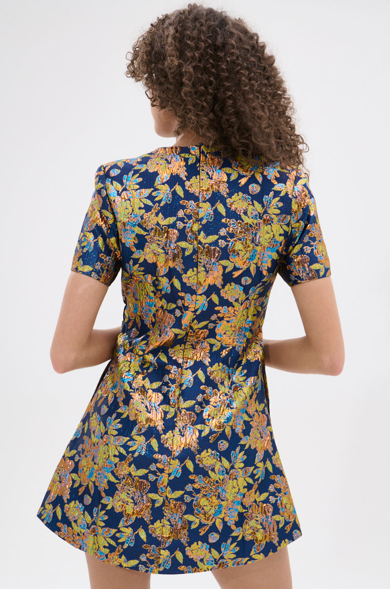 BLUE IS THE NEW BLACK BROCADE MINI DRESS