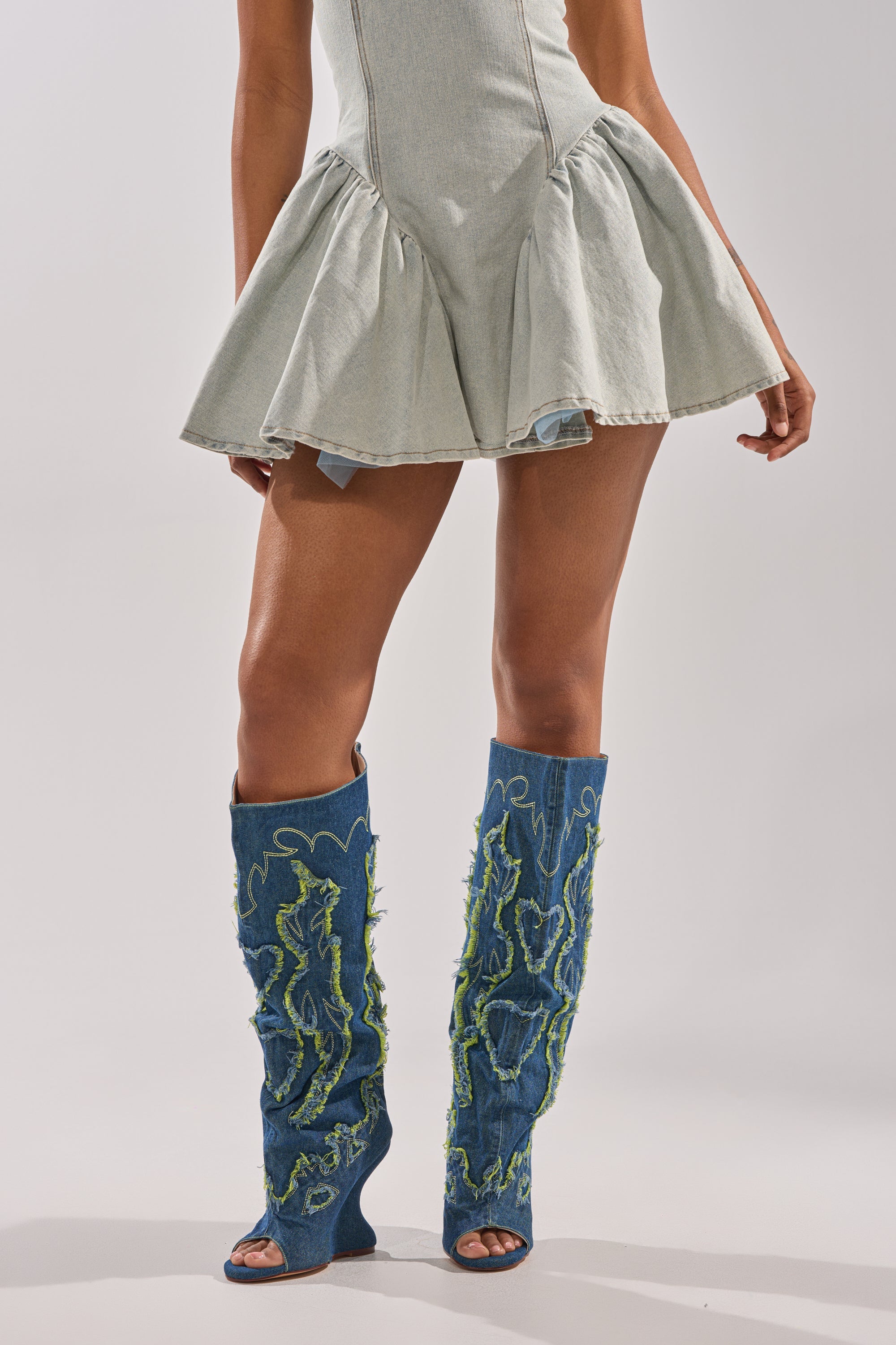 AZALEA WANG VIANCA GREEN MULTI DENIM WEDGE BOOT