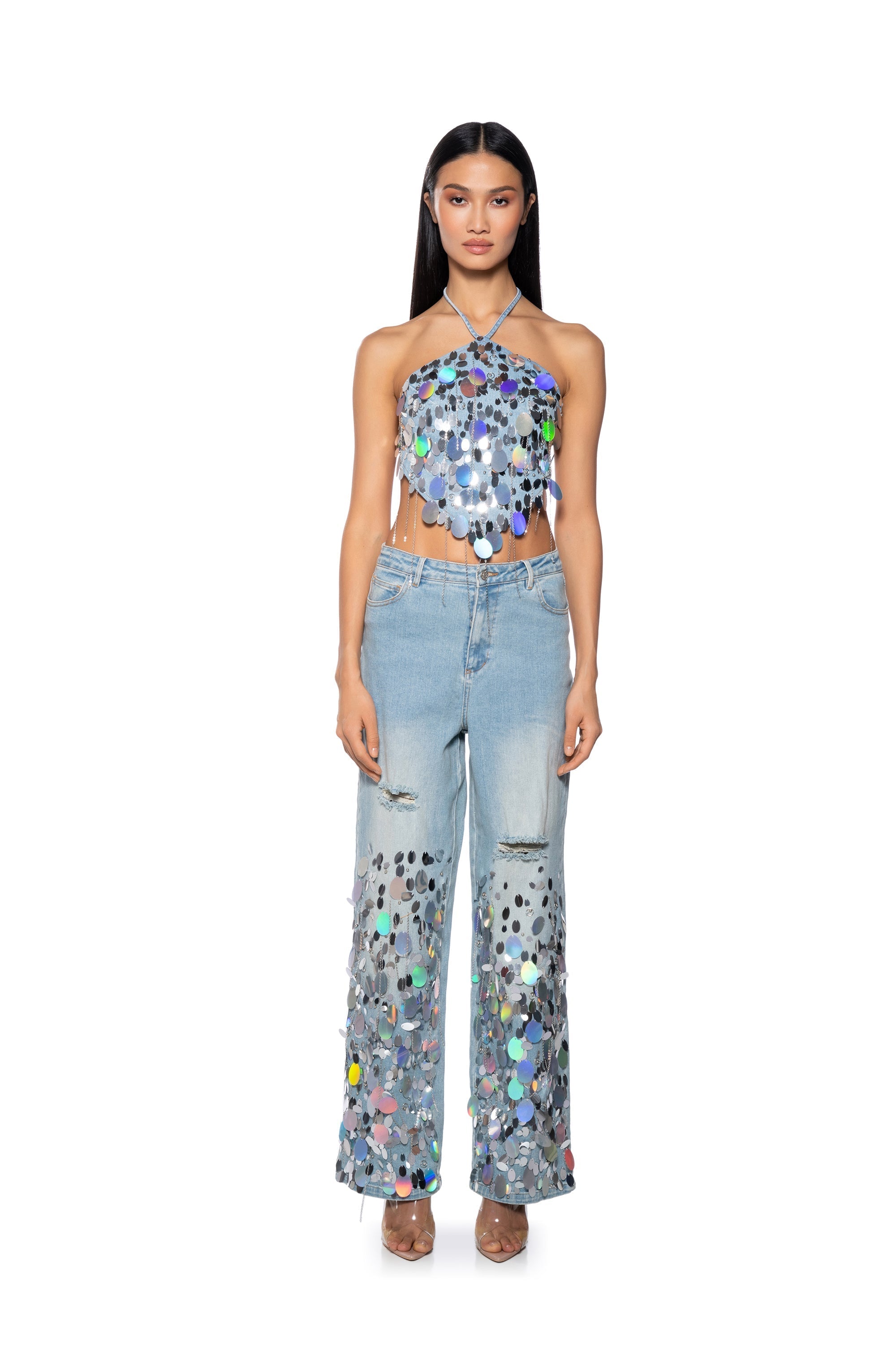 A GIRL NAMED LUCKY EMBELLISHED WIDE LEG RIPPED JEANS