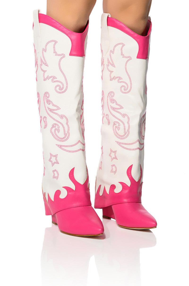 AZALEA WANG OUTLAND WESTERN WEDGE BOOT IN FUCHSIA WHITE