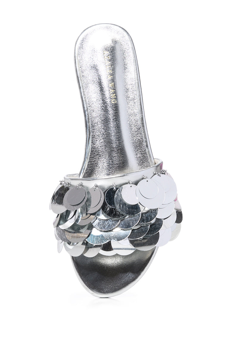AZALEA WANG TACHI EMBELLISHED FLAT SANDAL IN SILVER