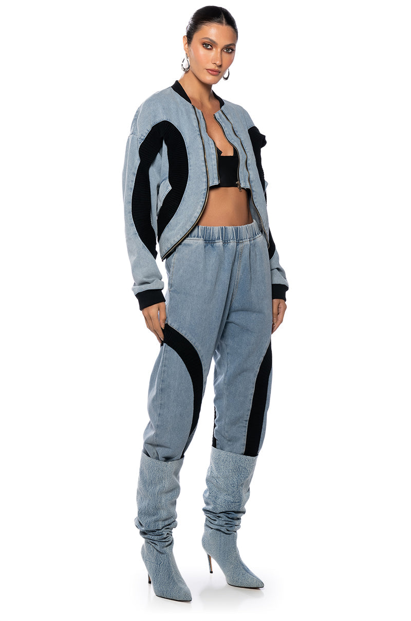 CURVE EFFECT RIBBED TRIM DENIM JOGGER