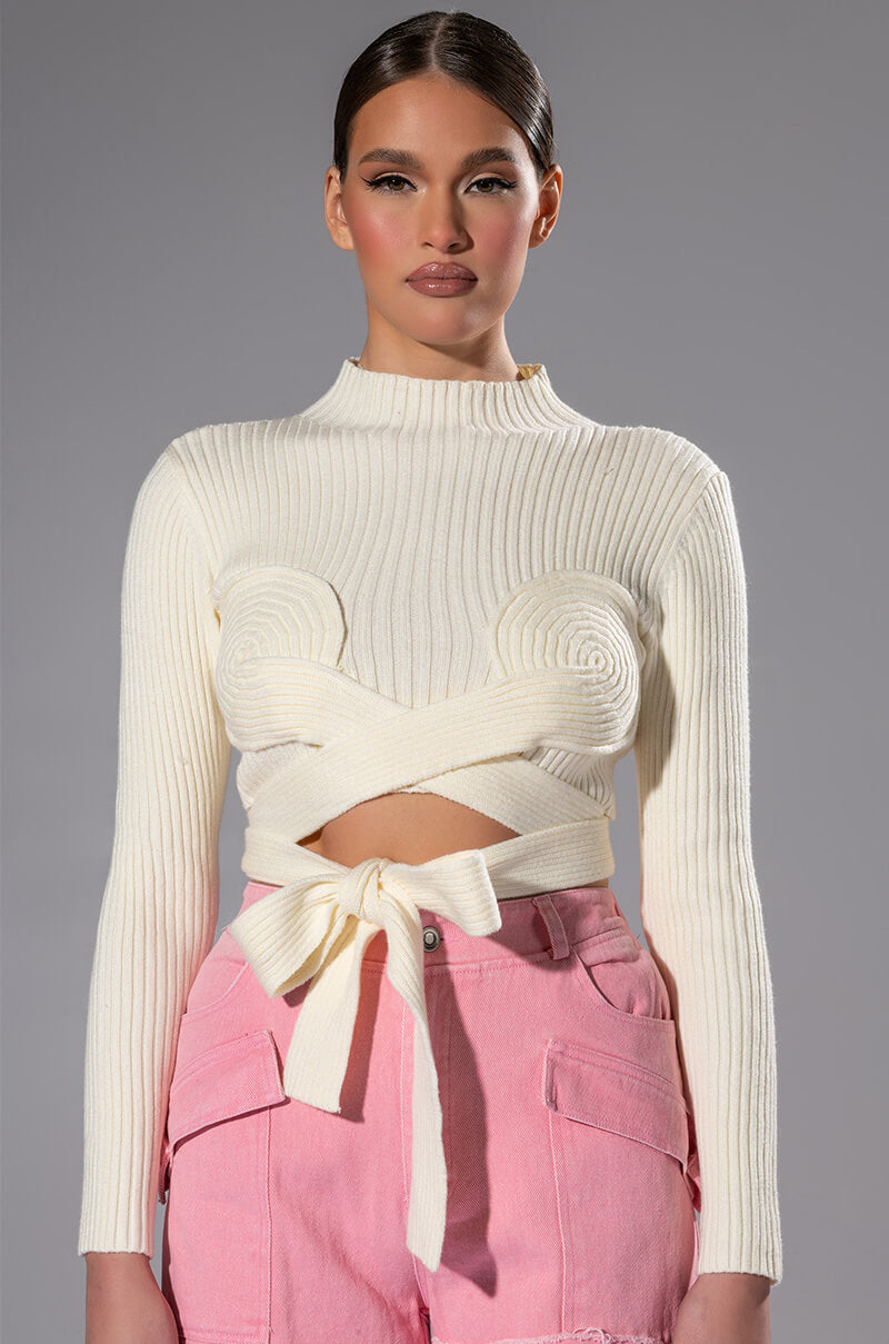 EYES UP HERE WRAP DETAIL LONG SLEEVE SWEATER