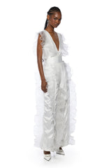 FAYE RUFFLE BODY BELTED SATIN JUMPSUIT