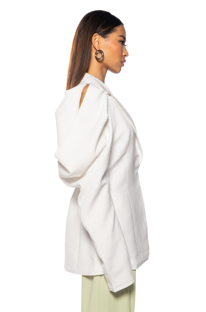 FLARE COLD SHOULDER BLAZER IN WHITE