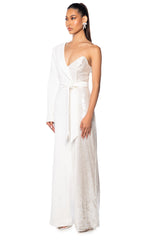 FLORA SEQUIN ONE SLEEVE JUMPSUIT IN WHITE