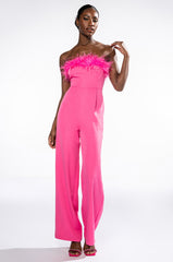 LORETTA FEATHER TRIM SLEEVELESS WIDE LEG JUMPSUIT
