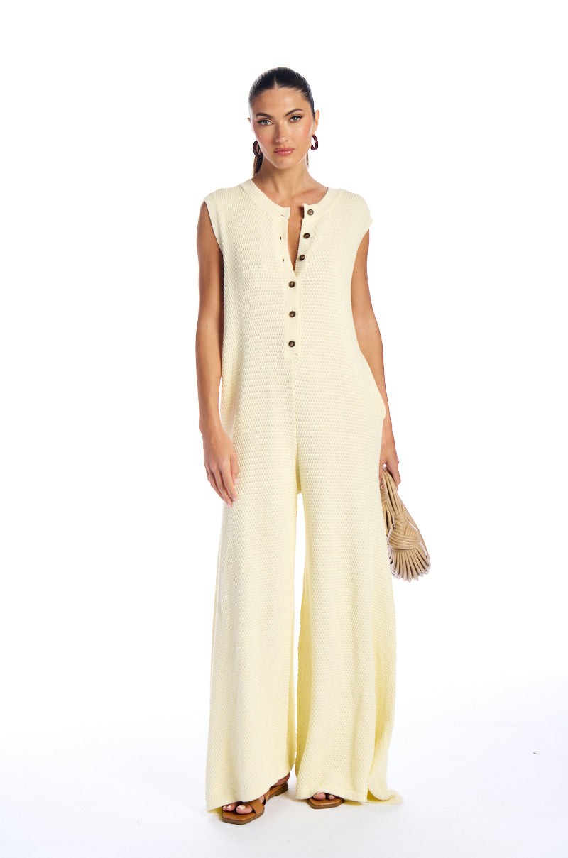JUST LOUNGIN KNIT JUMPSUIT IN CREAM