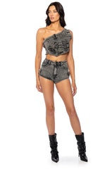 KENLY BUCKLE DETAIL DENIM CROP TOP