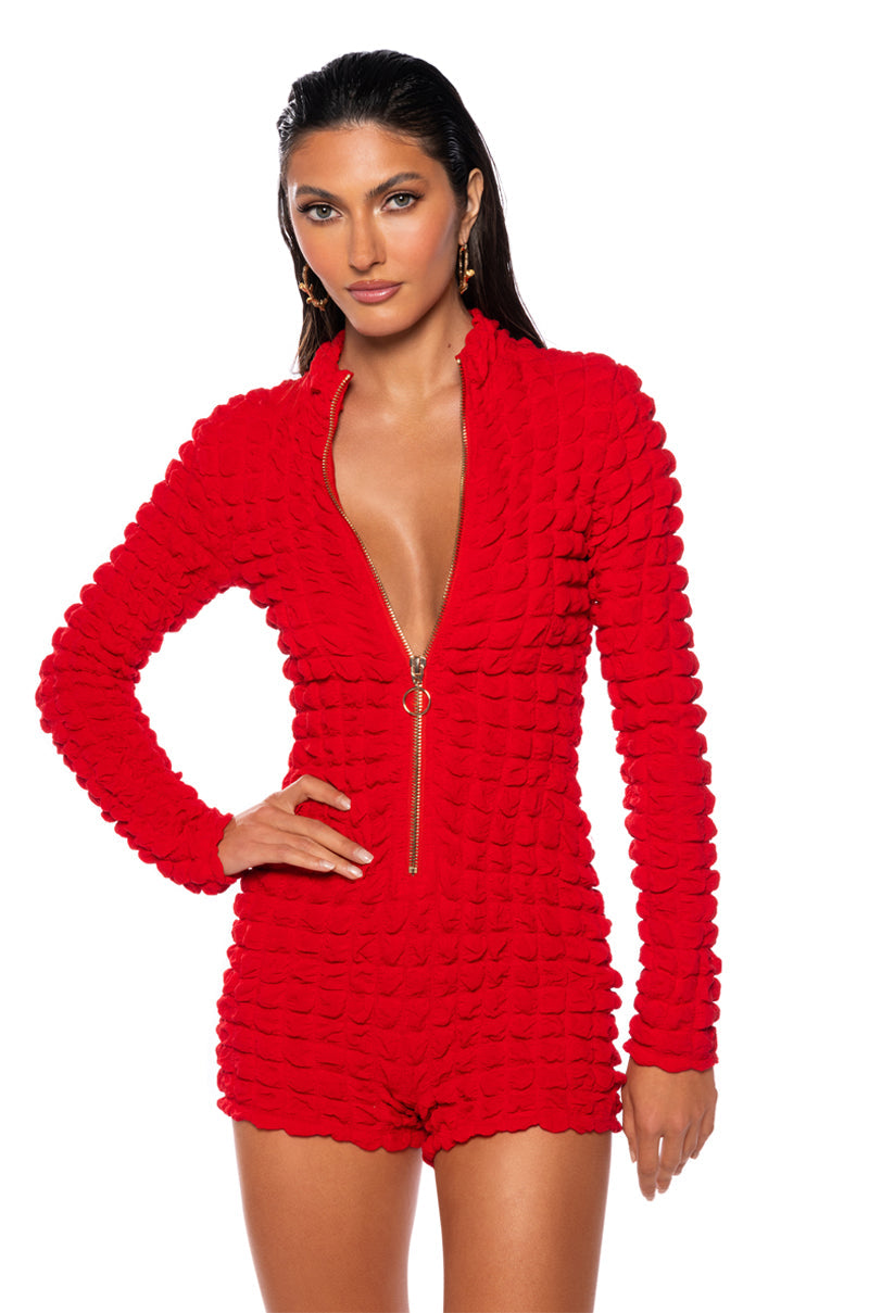 LOLA TEXTURED QUARTER ZIP FITTED ROMPER