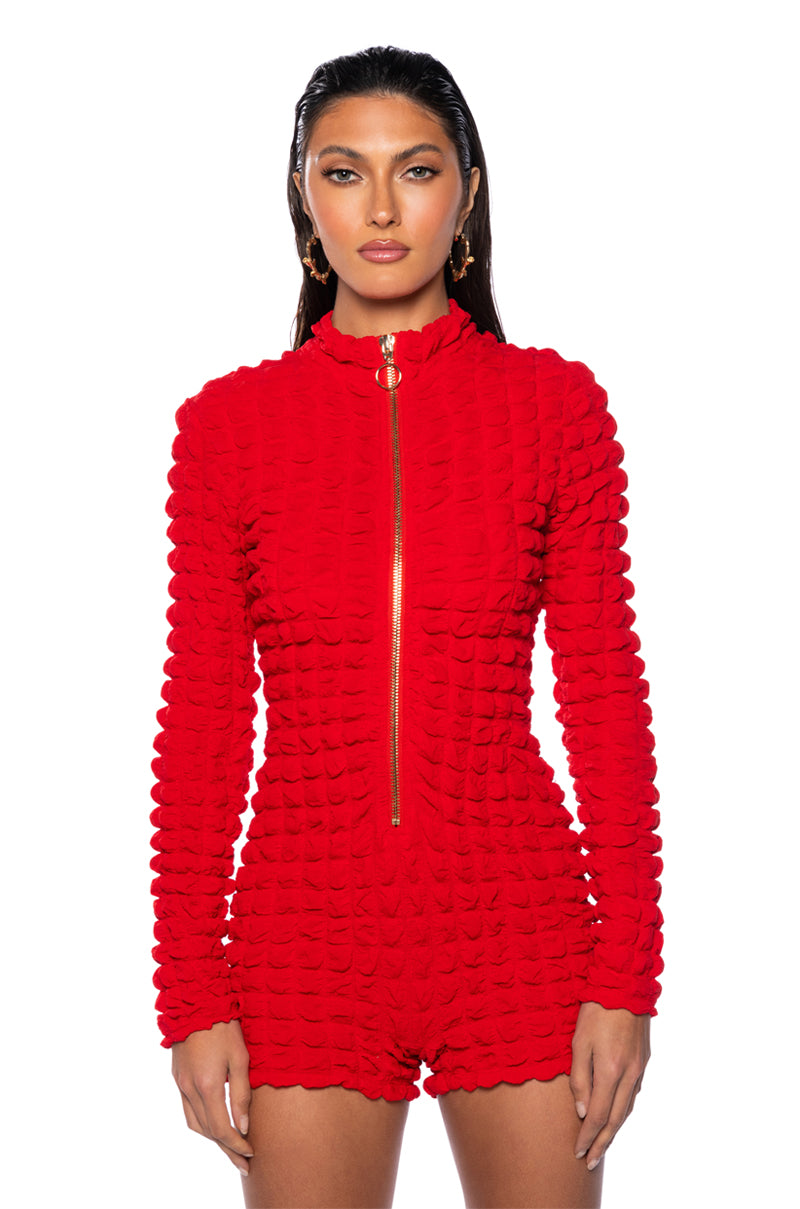 LOLA TEXTURED QUARTER ZIP FITTED ROMPER
